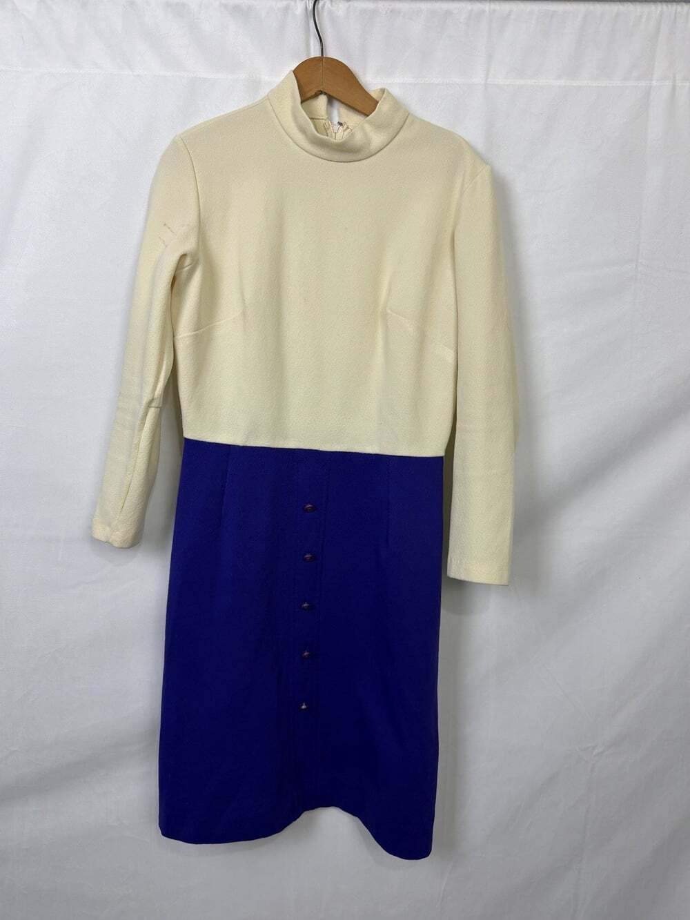 Vintage 60s 70s Women's Mod Shift Dress Blue Ivory Colorblock Handmade